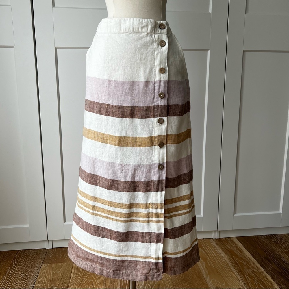 Striped Button-Front Midi Skirt in White and Tan